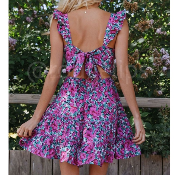 Rouge! Dresses & Skirts - Floral Print Mini Dress Ruffle Detail Tie Back Fuchsia Green White